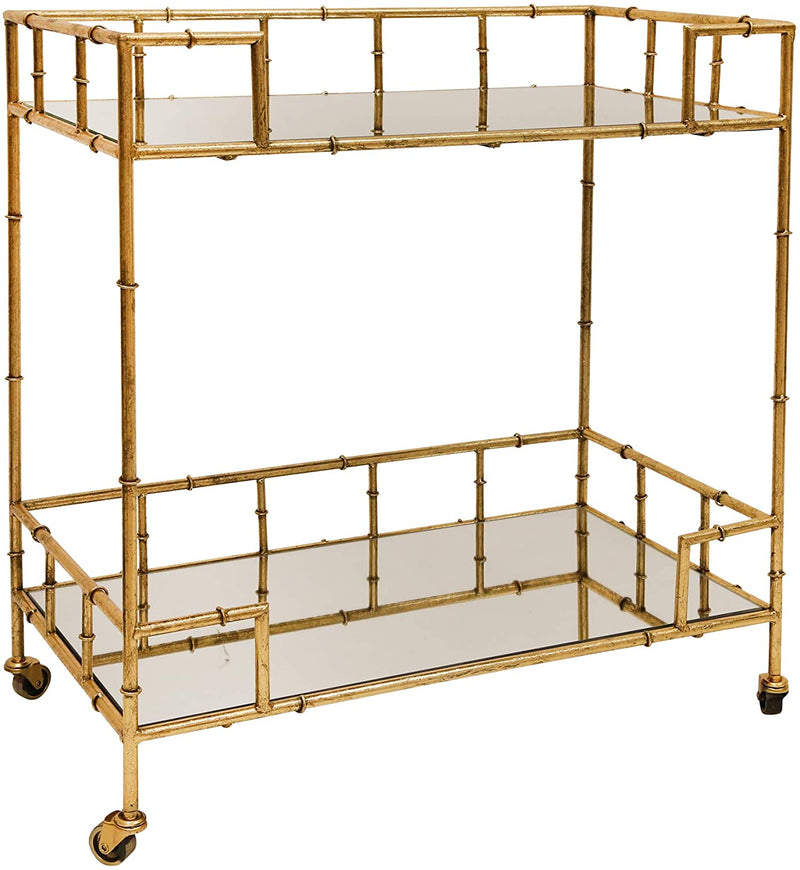 Rectangular 2 tier gold metal bar cart mirror top