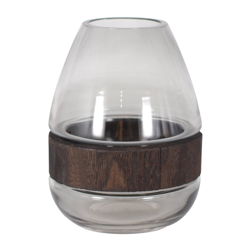 Glass belly vase with wood band clear