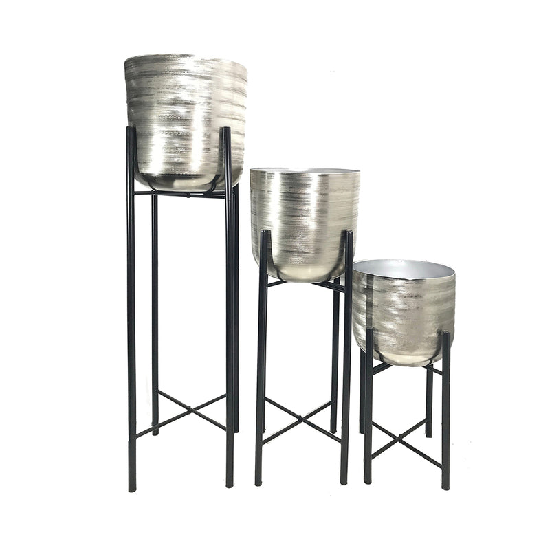 Set of 3 metal planters on stand silver / black