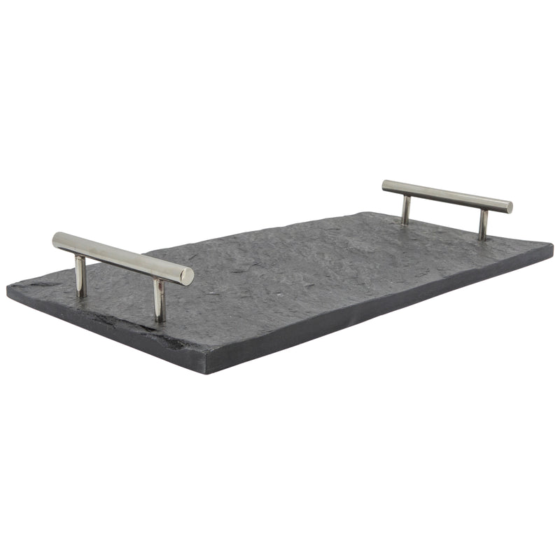 MARBLE 18X9 SLATE TRAY W/ SILVER HANDLE, BLACK