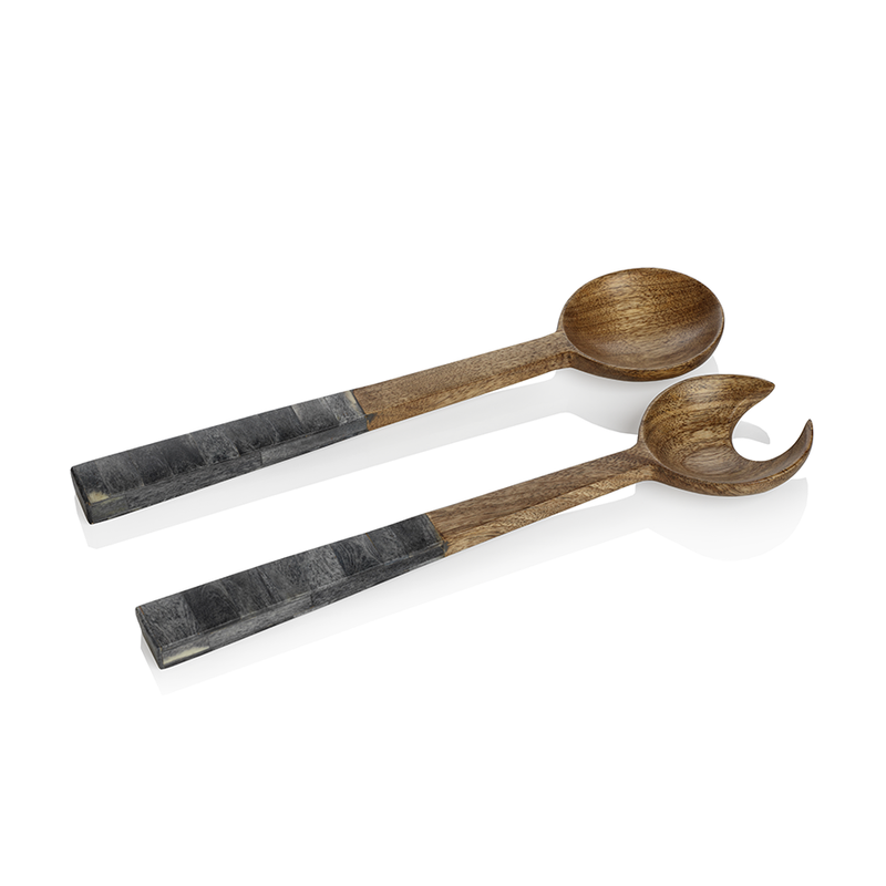 Mango Wood Salad Server w/Inlaid Bone Handle-Gray