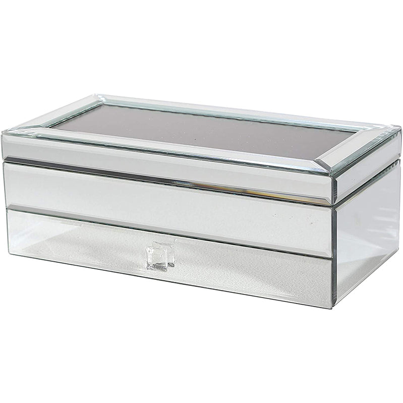 Mirrored Glass & Wood Jewelry Box, Silver/Black