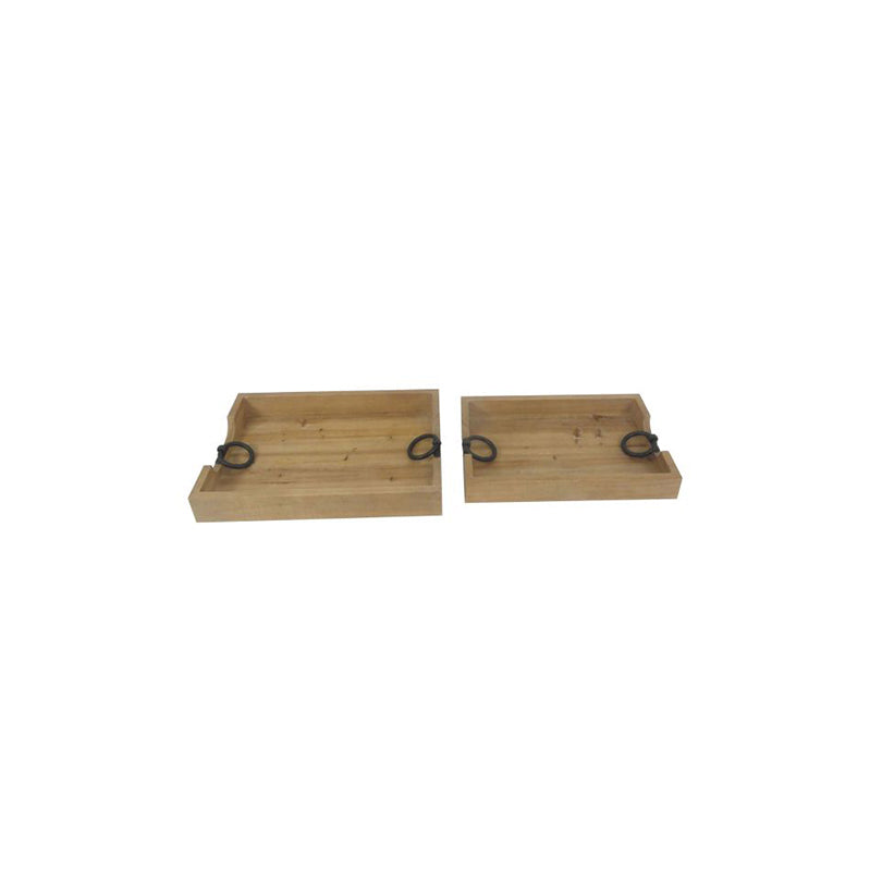 S/2 Wood Trays W/ Ring Handles, Brown