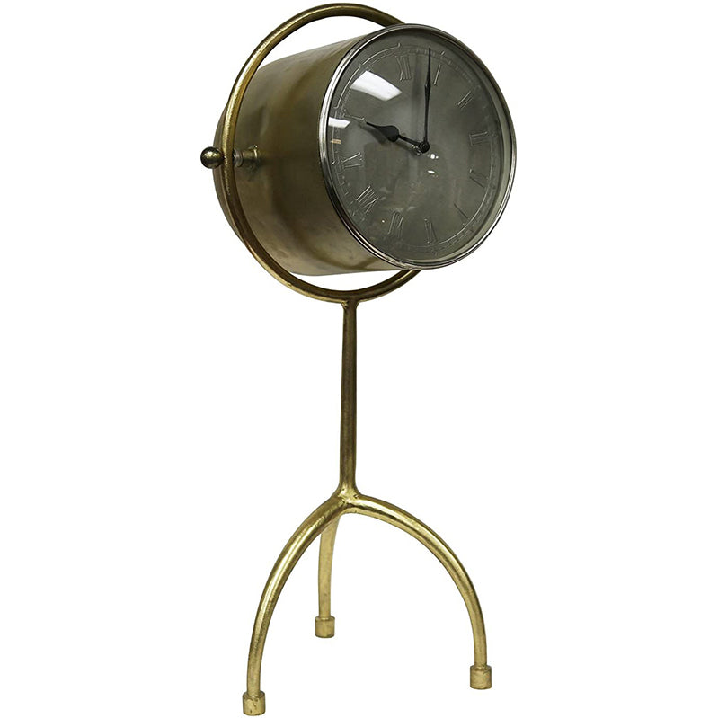 Metal Table Clock On 3 Leg Stand, Gold