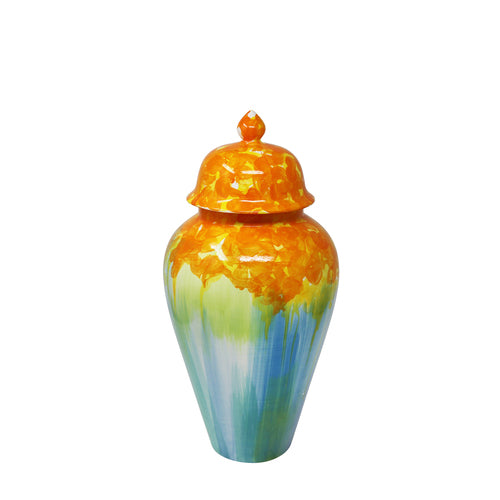 Decorative Covered Ceramic Jar, Orange/Green Mix