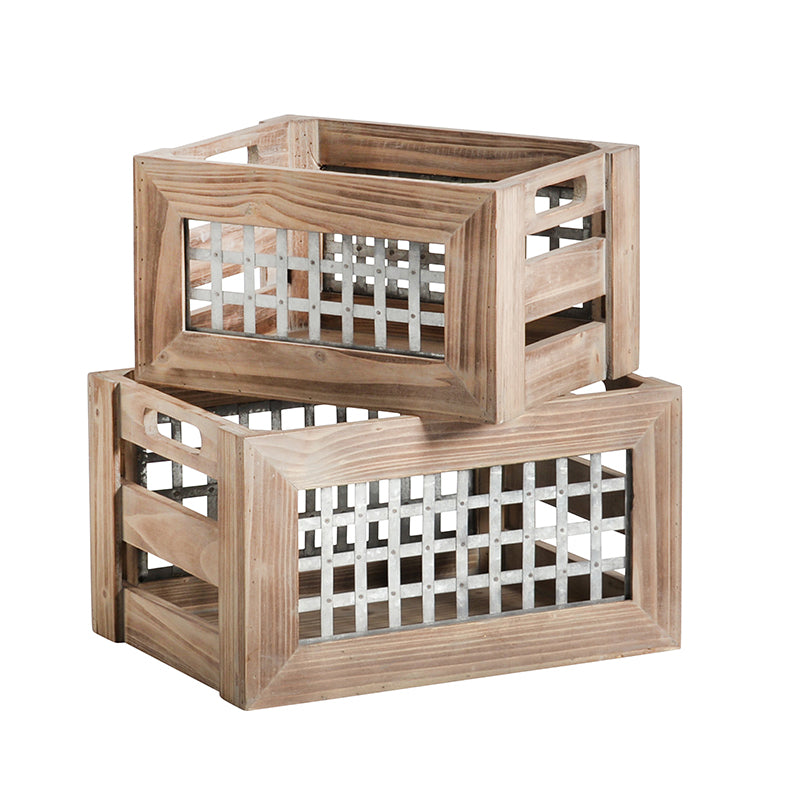S/2 Wood & Metal Crates,Brown