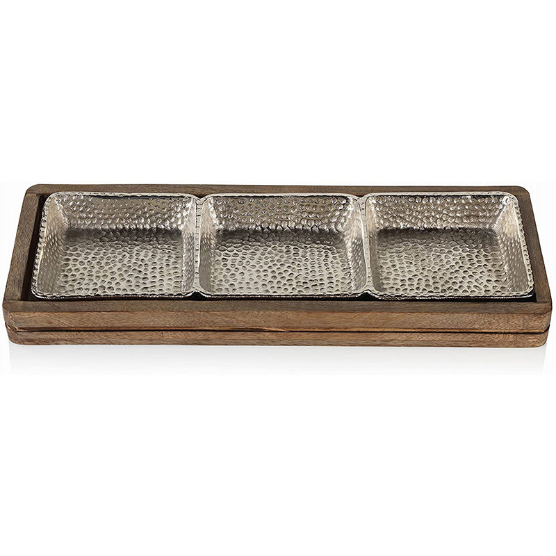 Mango Wood & Hammered Alum Sectional Condiment Set